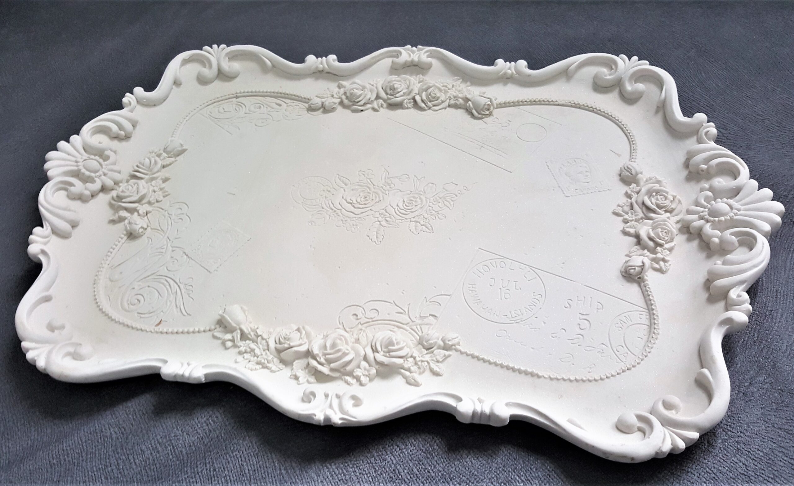 Gül Çiçek Yaprak Dekorlu 40cm Tepsi Silikon Kalıp K-709, Polyester Taş Tozu Alçı Kalıbı - Görsel 4