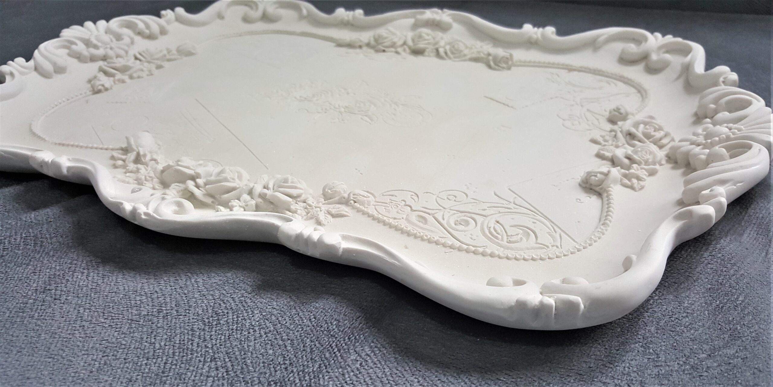 Gül Çiçek Yaprak Dekorlu 40cm Tepsi Silikon Kalıp K-709, Polyester Taş Tozu Alçı Kalıbı - Görsel 5