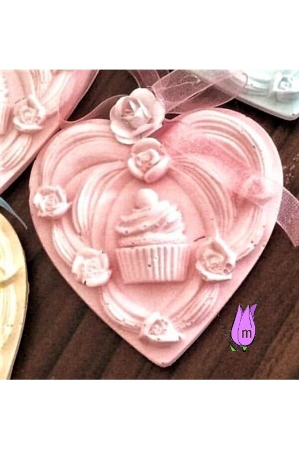 Cupcake Gül Çiçek Kurdele Dekorlu 8cm Kalp Askı Silikon Kalıp K-186, Taş Tozu Sabun Alçı Mum Kalıbı