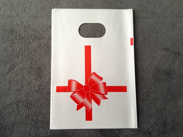 100 adet 10x15cm Plastik Poşet, Hediye Torbası, Kırmızı Kurdele Baskılı Ambalaj