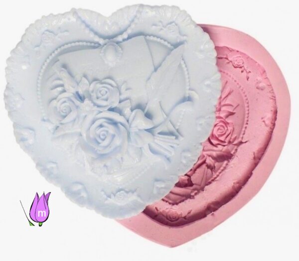 Gül Kabartma 10cm Kalp Silikon Kalıp K-332, Kokulu Taş Sabun Alçı Mum Kalıbı