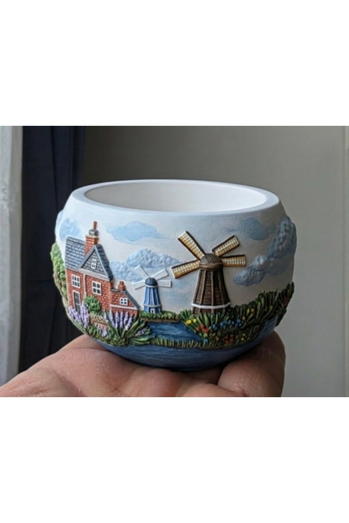 9,5cm Köy Ev Değirmen Kabartmalı Saksı Mumluk Silikon Kalıp K-1567, Taş Tozu Polyester Alçı Kalıbı - Görsel 4