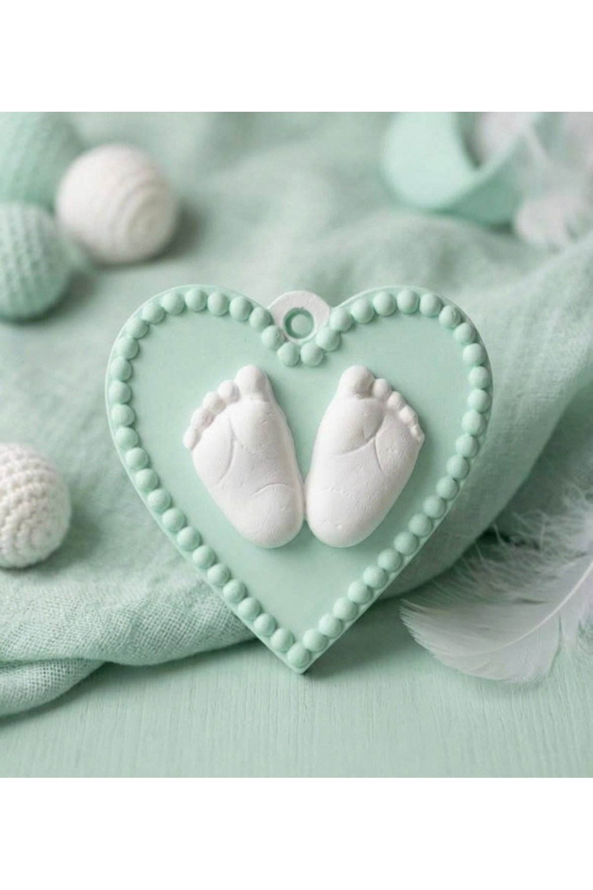 Bebek Ayaklı İnci Boncuk Kenarlı Kalp Askı Sallantı Silikon Kalıp K-185A, Polyester Taş Tozu Mum Sabun Alçı Kalıbı - Görsel 6