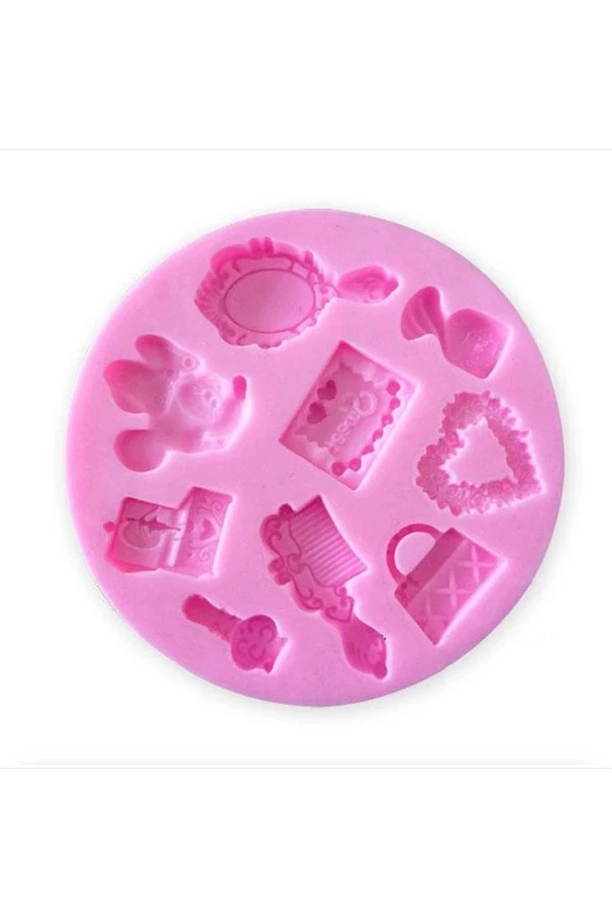 9'LU Mini Objeler, Minnie Mouse Kalp El Aynası Tarak Parfum Çanta Müzik Kutusu Stickers Pano Süsleri Silikon Kalıp K-1608 - Görsel 2