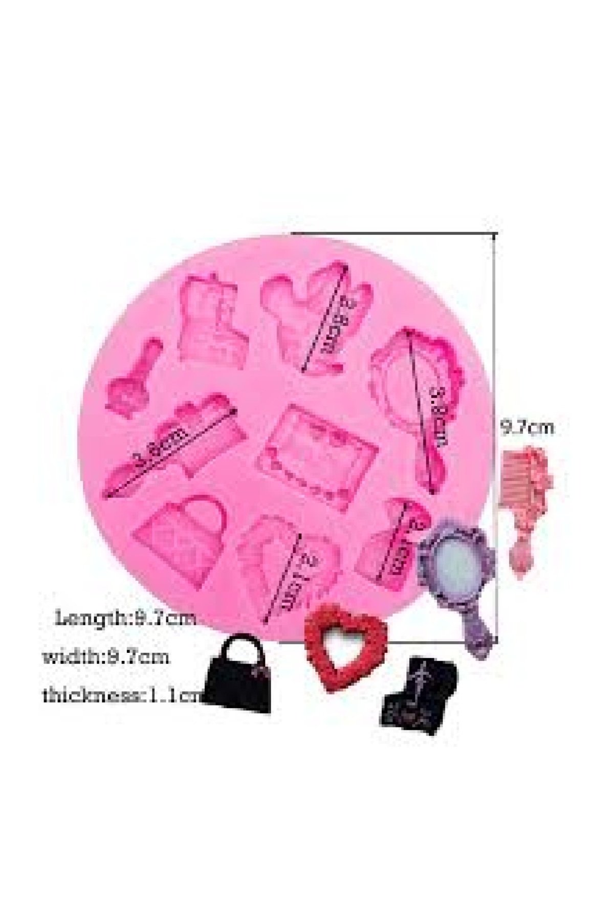 9'LU Mini Objeler, Minnie Mouse Kalp El Aynası Tarak Parfum Çanta Müzik Kutusu Stickers Pano Süsleri Silikon Kalıp K-1608 - Görsel 3